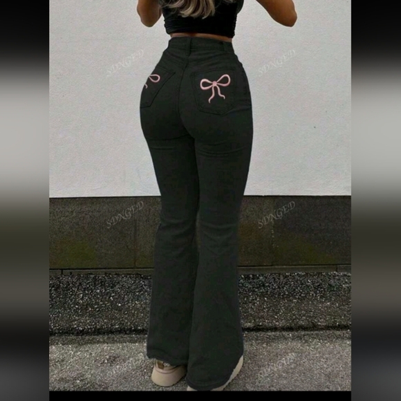 Black Flared Jeans with Pink Bow Detail - Picture 3 of 4